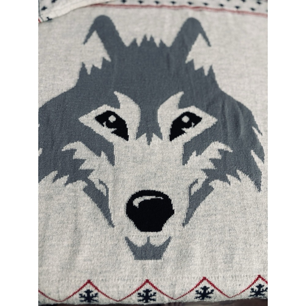On The Byas Mens Small Gray Navy Red Fair Isle Holiday Graphic Wolf Knit Sweater - Picture 6 of 14